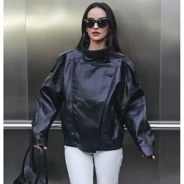 MUJER Dámska bomber bunda z umelej kože, čierna, oversized