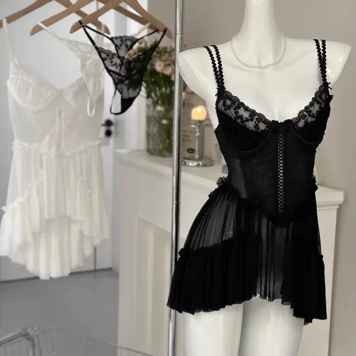 Pure Desire – chemise de nuit en dentelle avec bretelles circulaires en fil, Mini jupe, vêtements de