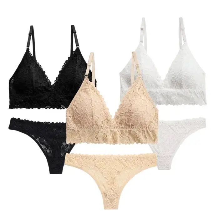 Ensemble de lingerie en dentelle à col en V avec soutien-gorge à fleurs, culotte string de couleur unie, kit de lingerie transparente en dentelle pour filles