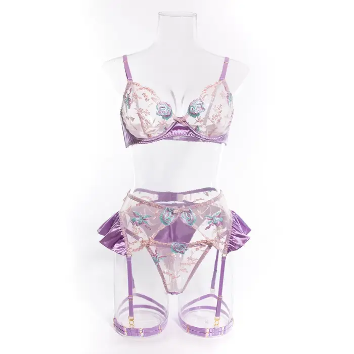 Sexy lila kvetinové vyšívané čipky spodná bielizeň set pre ženy podprsenka priehľadný podväzkový pás tangá s volánkami špeciálne príležitosti