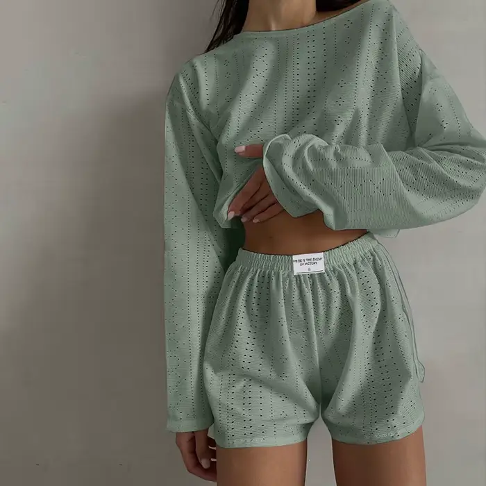 Dámske pyžamový set, Sleepwear, dlhý rukáv topy s šortky, domáce oblečenie, 2-dielna sada, relaxačné oblečenie, jar