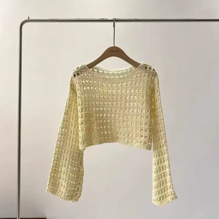 Haut en tricot au Crochet à manches longues pour femmes, Cover-Up pour Bikini de plage, pull court e