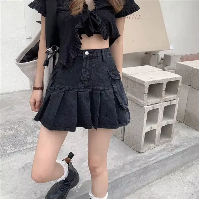 Jupes en Jean noires pour femmes, Streetwear, taille haute, courtes, Slim, Sexy, plissée, avec poche