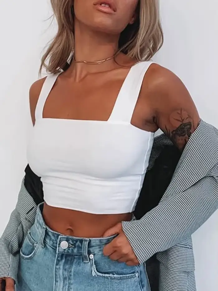 Col carré sans manches été haut court blanc femmes noir décontracté basique t-shirt épaules nues Cam