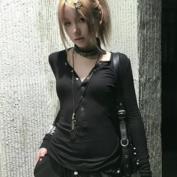 Tonngirls Y2K japonské tričko pre ženy s čipkovanými dlhými rukávmi s grafickou potlačou