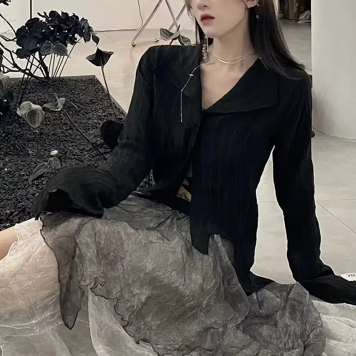 košeľa casual gothic koreana pre ženy, kancelársky štýl, rolák, polyester, večer von, jarné leto