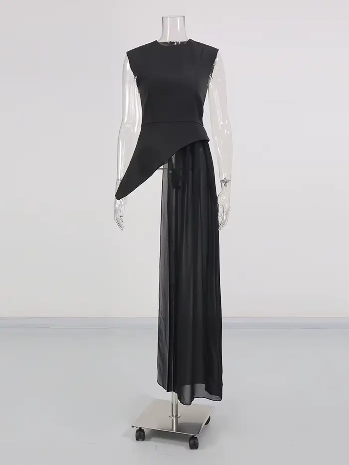 TWOTWINSTYLE pevná tenká spletená riasená nepravidelná blúzka pre ženy s okrúhlym výstrihom bez rukávov s vysokým pásom dlhá B
