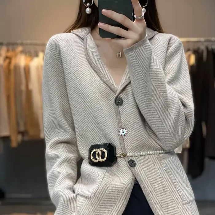 Automne hiver femmes pur cachemire laine costume manteau pull décontracté tricoté col sur mesure Car