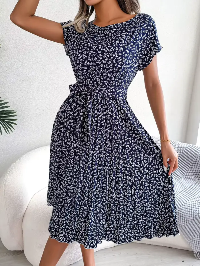 Robe longue plissée à fleurs pour femmes, manches courtes, taille haute, mode chic, printemps, été