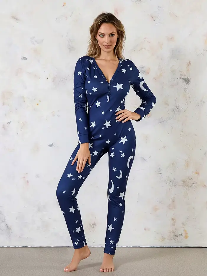 Sexy dámska hviezda tlače pyžamo V-neck elastan polyester nočné oblečenie jesenné špeciálne príležitosti