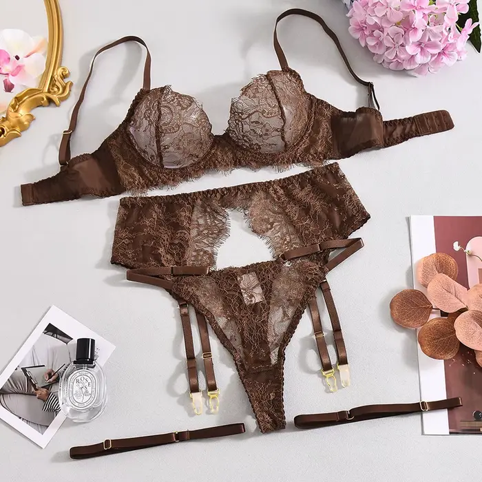 Ellolace Lingerie Solide Sexy et Élégante, Ensemble 3 Pièces avec Soutien-Gorge, Ceinture, String et
