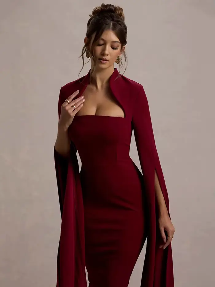 Mozision Cape à manches longues Sexy robe mi-longue pour les femmes automne hiver nouveau col carré 