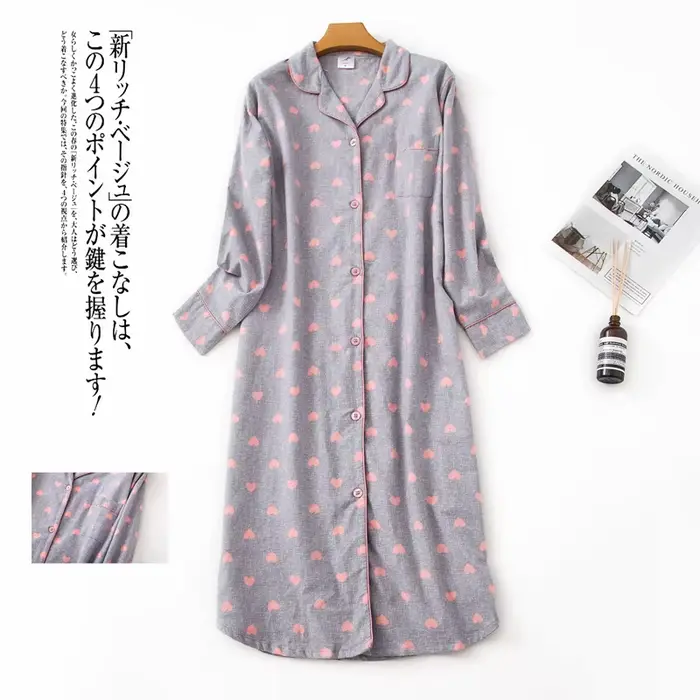 Chemise de nuit en coton flanelle longue pour femmes manches longues col rabattu poche frontale pour nuits d'automne et d'hiver occassions spéciales