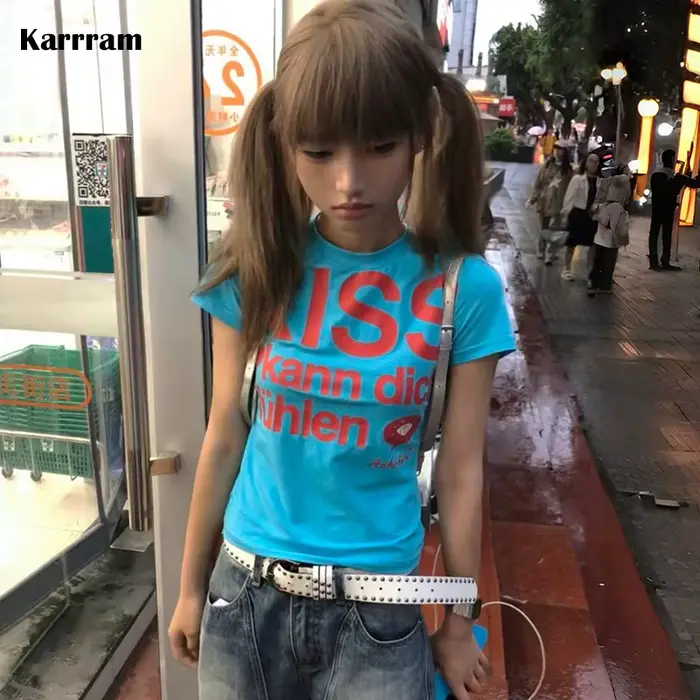 Karrram japonské Y2k tričko s potlačou písmen Trashy 2000s štýl krátky top Vintage Harajuku krátke rukávy
