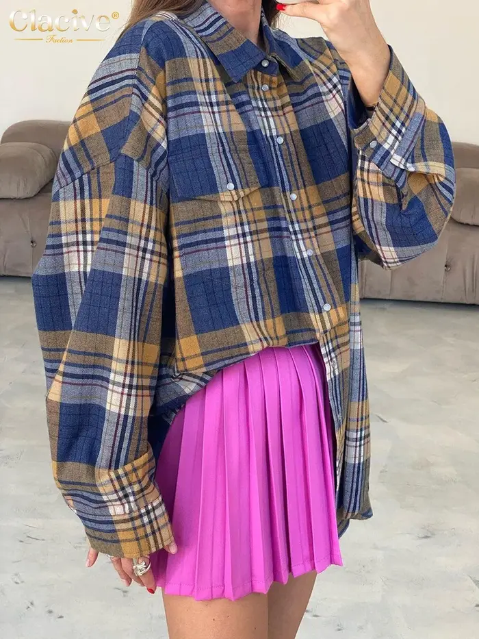 ClacMarkets-Chemisier à carreaux à manches longues pour femmes, haut surdimensionné vintage, chemise