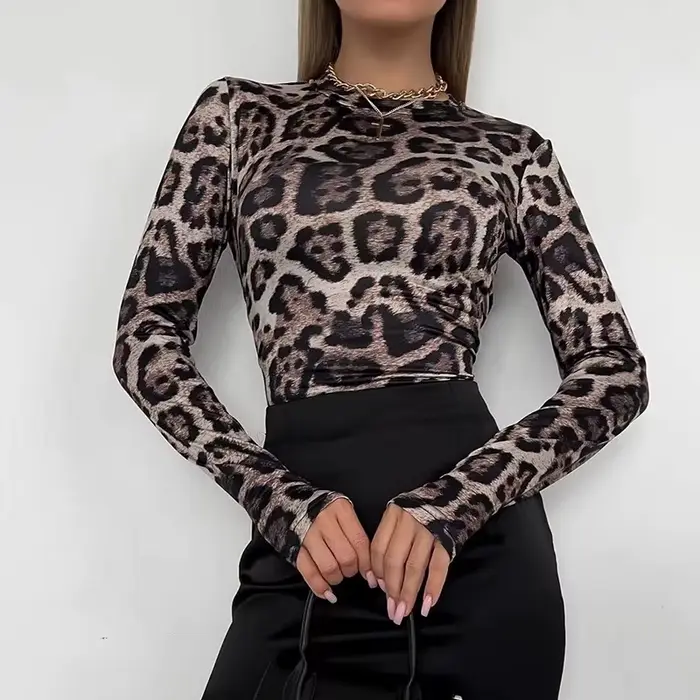Sexy leopard body pre ženy, slim fit, ležérne, vysoký golier, dlhé rukávy, retro jednodielny oblek Y2k, dámske Streetwear