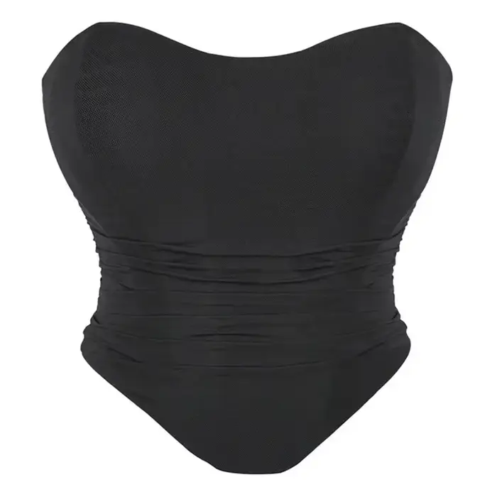 Elegantné červené víno sieťovaný riasený rybí stužka kravata holý chrbát zakrivený lem Bustier Korzet Bodyshaper Klubový top tubulárny