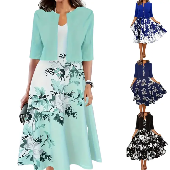 Robe longue pour femmes, ensemble deux pièces imprimé floral, col rond, manteau, Europe et états-uni