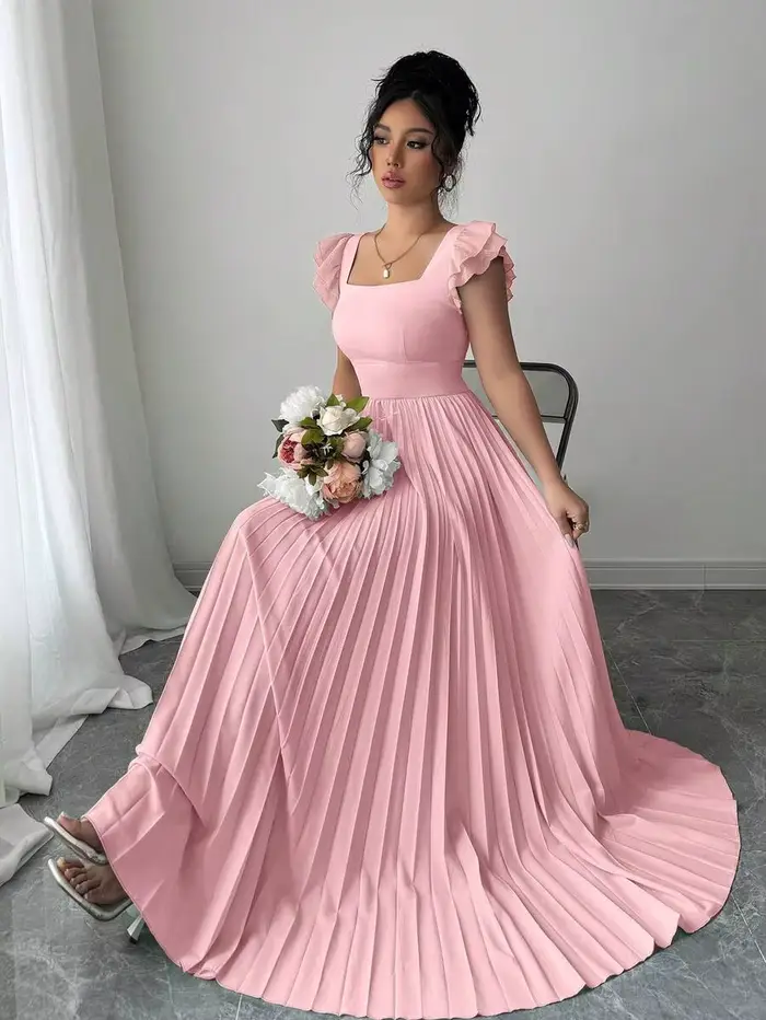 Robe maxi élégante à col carré vert menthe, manches à volants et plissée
