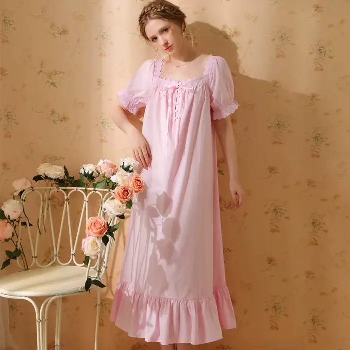Palác štýl pyžamové šaty pre ženy, bavlnené, dlhé, sexy, retro, francúzska princezná, krátke rukávy, jednofarebné, Sleepwear, 2023