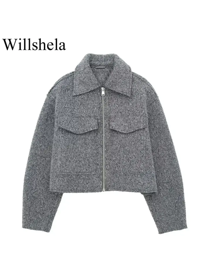Willshela femmes mode avec poches gris avant vestes à glissière Vintage revers cou manches longues f