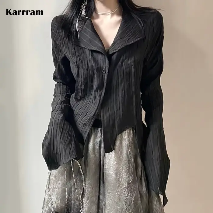 Karrram – chemise noire gothique, Style Yamamoto foncé, chemisier esthétique pour femmes, vêtements 