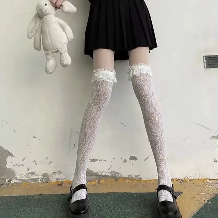 Čipka pruhované pančuchy pre ženy, Sexy prelamované pančuchy, čierna a biela, pančuchy Style Lolita