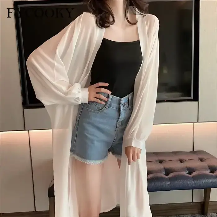 Cardigan à manches lanterne pour femme, vêtements de protection UV, veste chic coréenne, basique en 