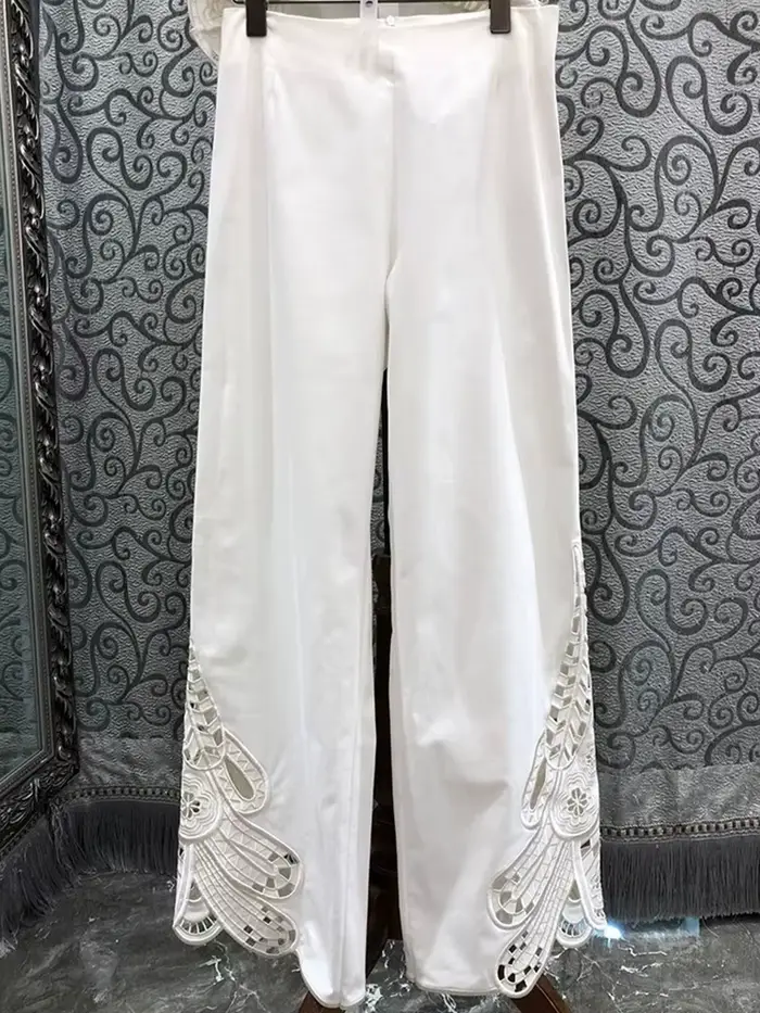Printemps/été 2025 nouveau haut sans manches à col rond creux brodé + pantalon droit décontracté mod