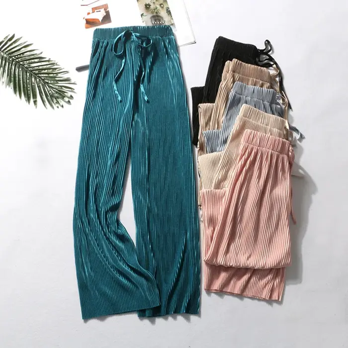 2025 femmes plissées en vrac glace soie coréen décontracté pantacourt jambe large pantalon maison cl