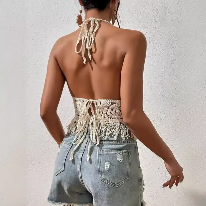 Top Boho Culture Femme Dos Nu Sexy Y2K Personnage Ajouré Bandage Waffle Epingles Elégant Occasions Spéciales