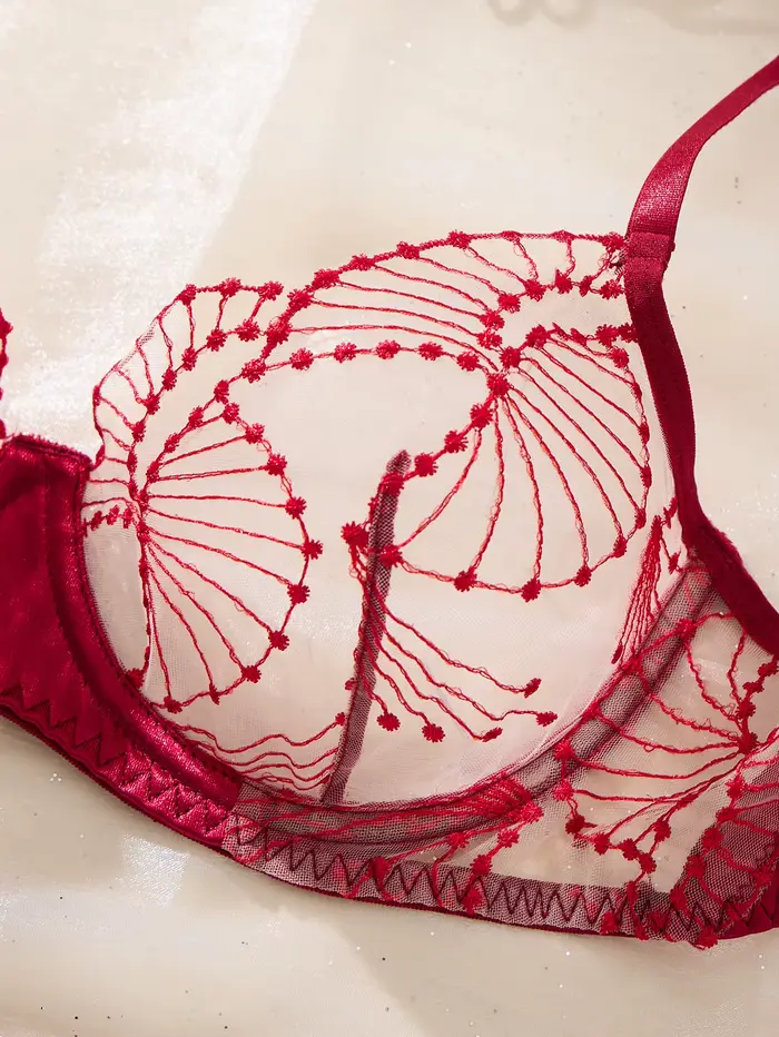 Ensemble de lingerie brodée rouge bordeaux pour la Saint-Valentin - Ensemble de soutien-gorge sexy en maille transparente froncée en deux pièces ZA825287