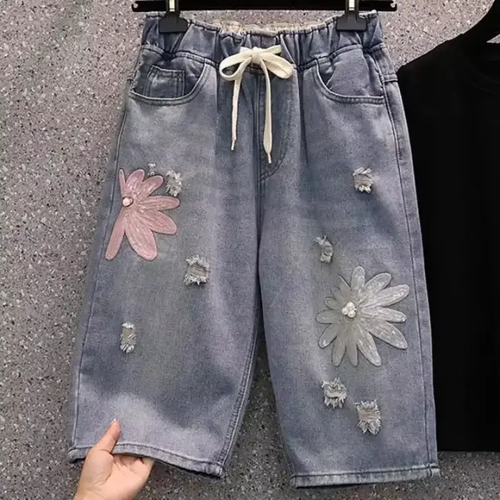 Short en denim brodé pour femmes, grande taille 4XL, été, midi, droit, vintage, décontracté, court, 