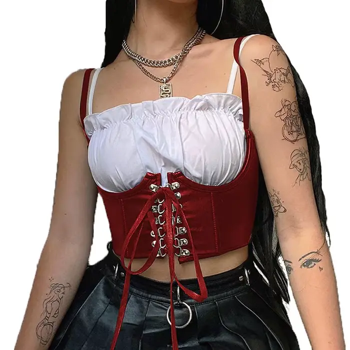 Dámske korzet Bustier vysoká krátka čipka hore čierna koža obväz pod busta podväzok Cami pás vesta BodyshaperTank Cummerbund