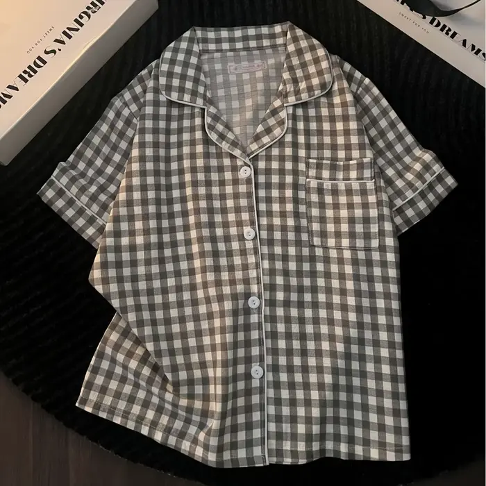 Pyjama minimaliste de style japonais pour femmes, ensemble d'été en polyester et élasthanne, shorts, col rabattu, motif plaid, tenue d'été décontractée pour nuits chaudes