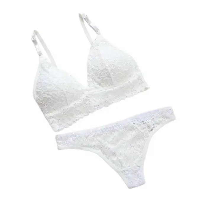 Ensemble soutien-gorge et culotte en dentelle à fleurs, col en V, couleur unie, taille basse, string