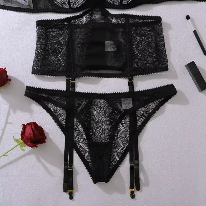 Erotické a sexy spodné prádlo, vynikajúca riasová čipka, zavesený golier, perspektíva, korzet v tvare tela, sexy spodná bielizeň, trojdielna sada