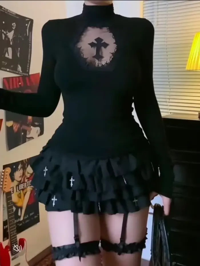 Sexy tmavo gotické tričko pre ženy dizajn y2k letné dlhé rukávy špeciálne príležitosti