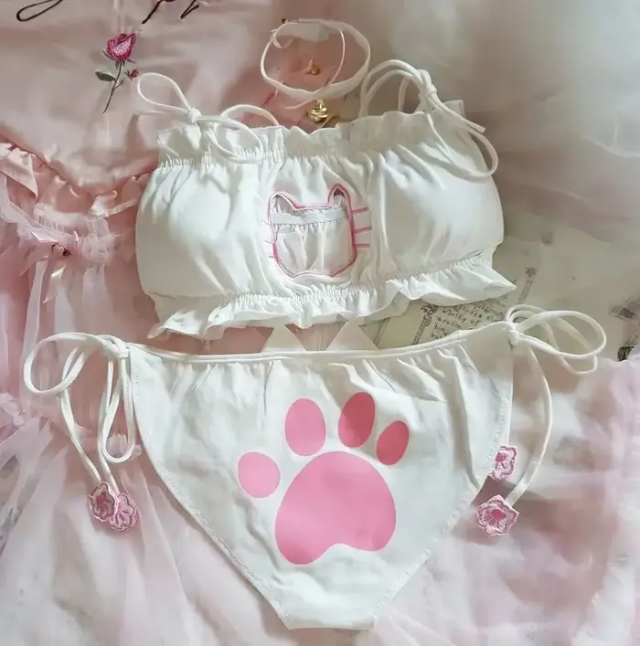 Ensemble soutien-gorge et culotte cosplay fille chat anime japonais, lingerie sexy pour femme, sous-