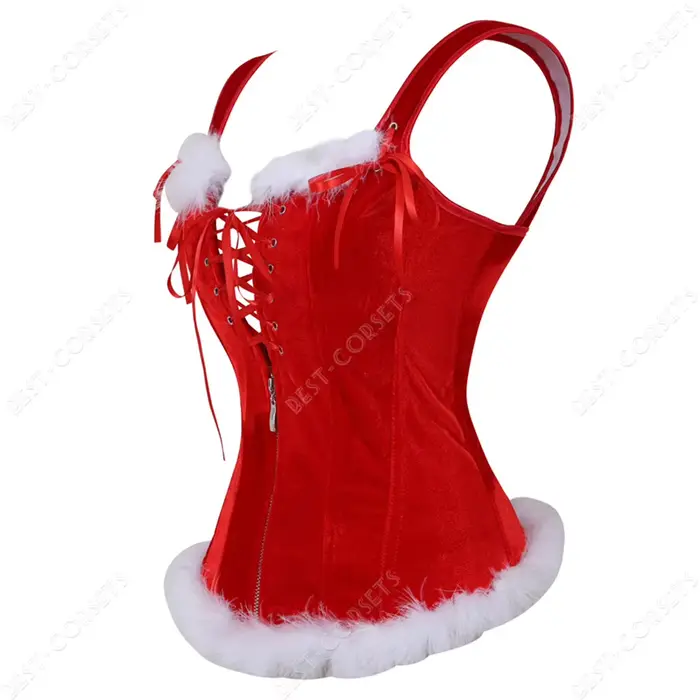 Dámsky červený korzet, vianočný korzet s perami, kostým Santa, sexy karneval Surbust s popruhmi
