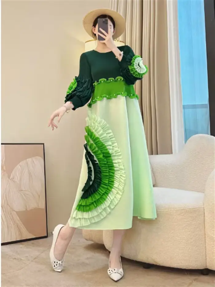 Miyake cravate fleur conception femmes robe plissée col rond à manches longues Colorblock Patchwork 