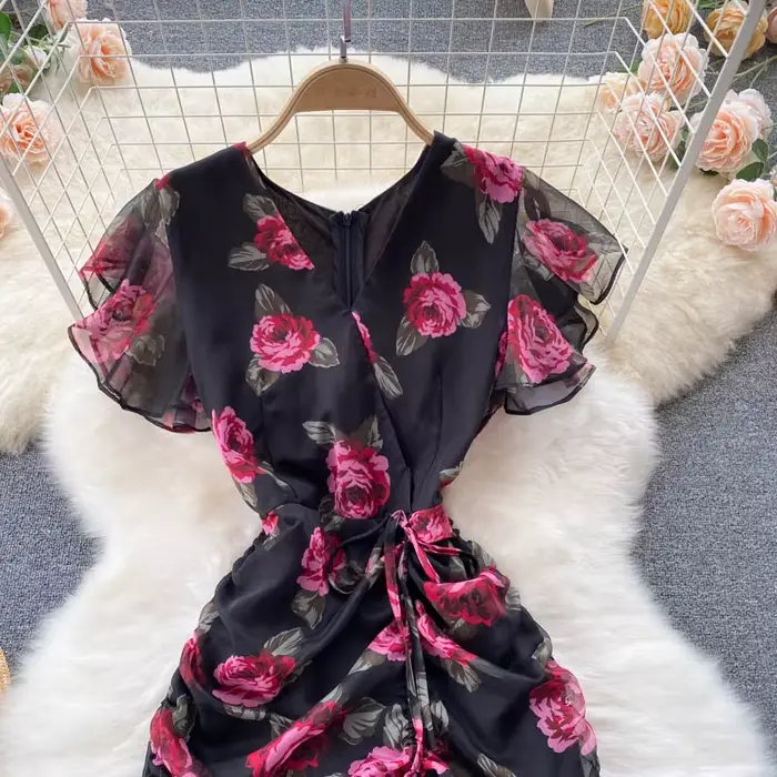 Robe vintage en mousseline de soie, élégante, col en v, à volants, décontractée, taille haute, pour 