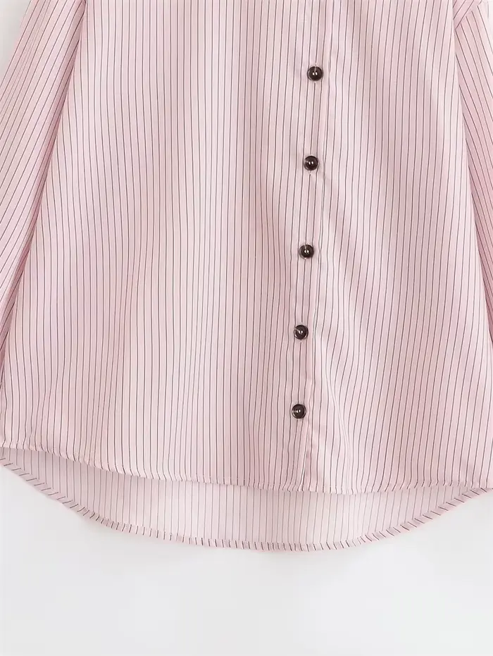 Chemise Femme Printemps 2026 Nouveau Style Rose Rayée Manches Longues Col Montant Boutonnage Simple 