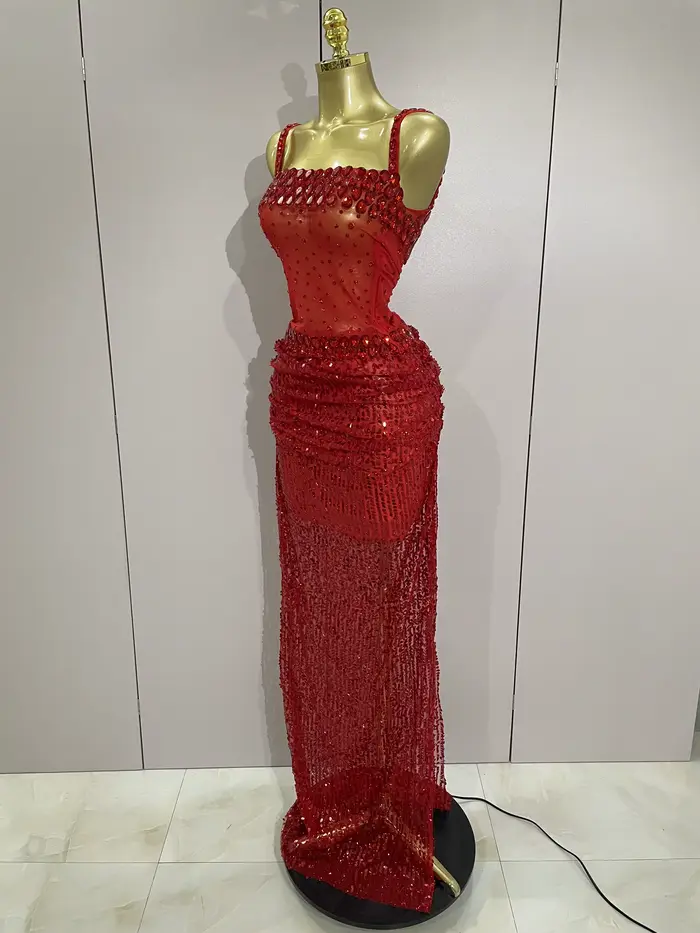 Robe longue 2 pièces transparente et sexy avec strass rouges scintillants et paillettes, pour femmes