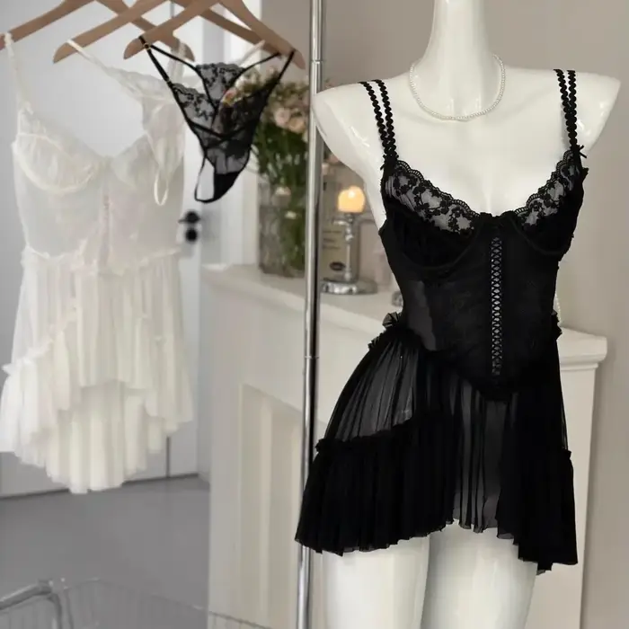 Pure Desire – Čipka nočná košeľa s kruhovými niťovými popruhmi, mini sukňa, priedušné a pohodlné nočné oblečenie pre domácnosť, rozprávkový štýl