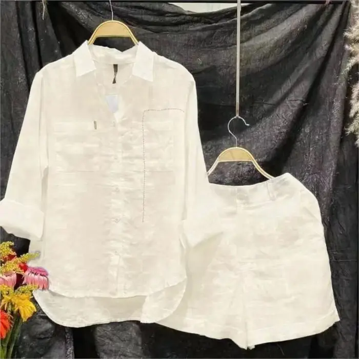 Ensemble d'été 2 pièces en coton et lin pour femmes, chemise et short blancs à manches longues, à la