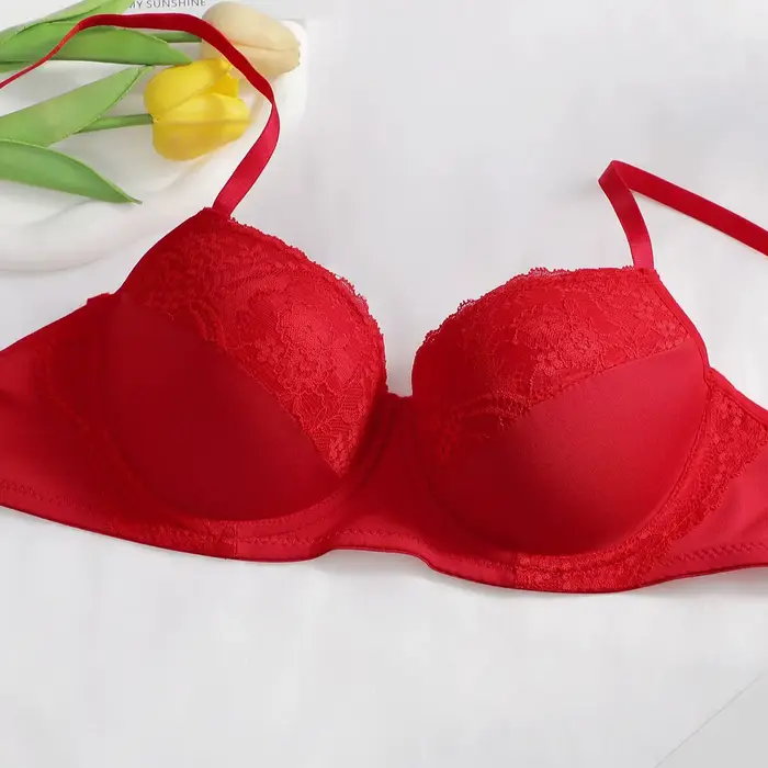 Sexy červená čipka push-up podprsenka s kosticami, polstrované šálky, nastaviteľné popruhy a zadné uzáver pre ženy - spodná bielizeň pohodlné každý deň