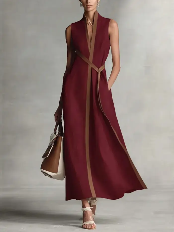 Nouvelle Robe Élégante Sans Manches Col V en Coton et Lin Coupe Slim Taille Haute Color-block 2026