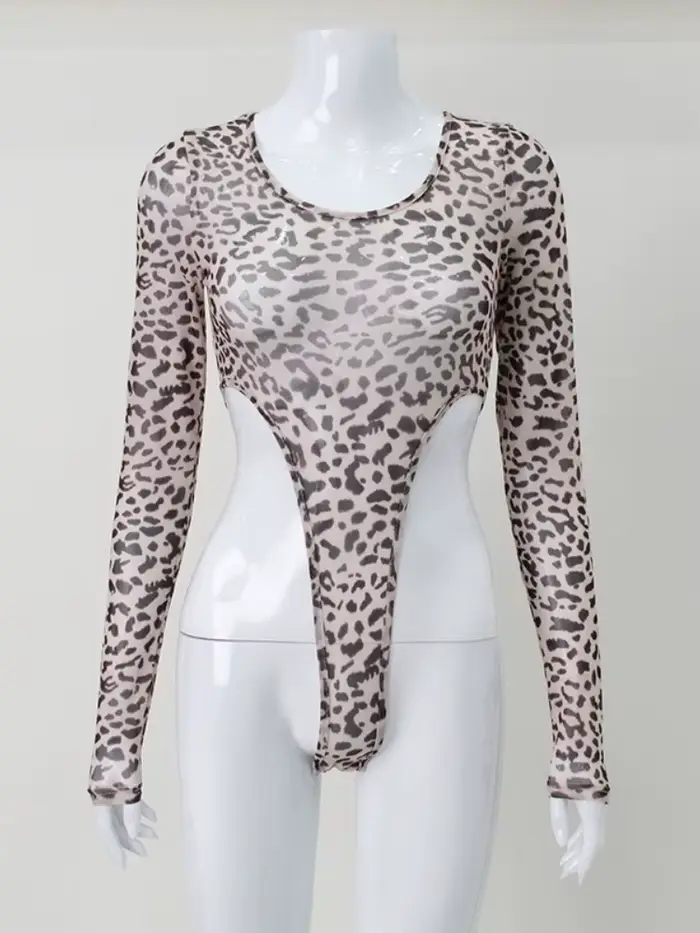 Body léopard à manches longues, Lingerie transparente en maille, hauts Sexy pour femmes, tenue Rave Y2k, vêtements moulants une pièce