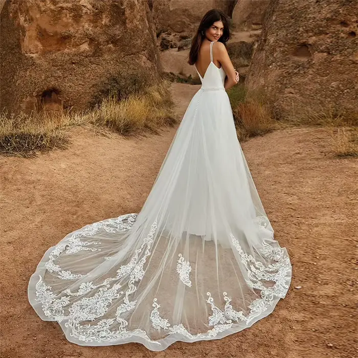 Combinaison de Mariage 2 en 1 avec Poignées Jupe Amovible Robe de Mariée Taille Naturelle Occasions Spéciales Dentelle Satin Tissé Élastique Col en V Train Personnalisé